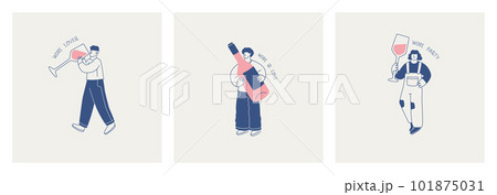 A set of illustrations of cute characters with huge glasses and bottles of wine. Lettering - wine this love, wine loverand a wine party. For the design of postcards, posters or invitations. 101875031