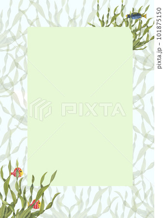 Watercolor vertical frame in marine style isolated on white background. Illustration with fishes, algae for postcard design, different invitation template, birthday card, notebook design Watercolor vertical frame in marine style isolated on white background. Illustration with fishes, algae for postcard design, different invitation template, birthday card, notebook design 101875150