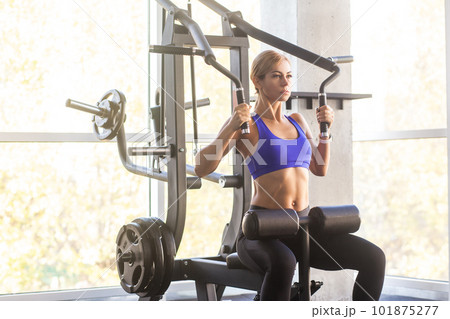 Portrait of beautiful sportive woman being engaged in fitness, having work out on sports simulators and trains back muscles wearing wearing sports top and tights. Indoor shot with window on background Portrait of beautiful sportive woman being engaged in fitness, having work out on sports simulators and trains back muscles wearing wearing sports top and tights. Indoor shot with window on background 101875277