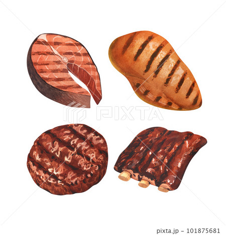 Watercolor bbq grilled steak beef, steak, ribs, beefsteak, chicken and fish. Hand-drawn illustration isolated on white background. Perfect for menu butchery food, meat product 101875681