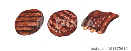 Watercolor bbq grilled steak beef, steak, ribs, beefsteak. Hand-drawn illustration isolated on white background. Perfect for menu butchery food, meat product 101875682