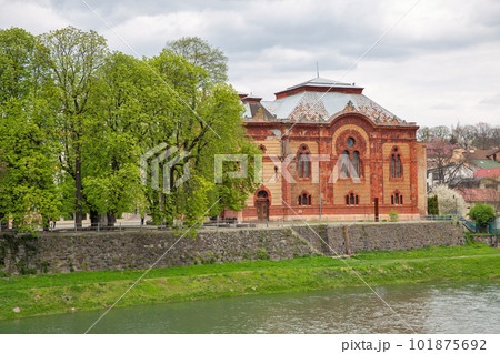 Synagogue on the bank of the river Uzh. Uzhhorod, Ukraine. Synagogue on the bank of the river Uzh. Uzhhorod, Ukraine. 101875692
