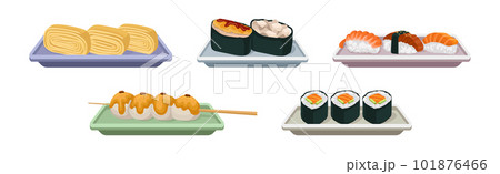 Asian Food with Sushi and Sashimi Served on Board Vector Set 101876466
