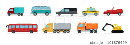 Bus, Van, Taxi, Cabriolet, Truck and Excavator as Cars and Wheeled Motor Vehicle Vector Set 101876499