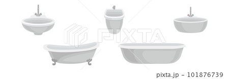White Bathtub and Sink Basin with Tap as Home Amenity Vector Set 101876739