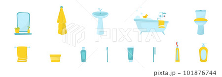 Bathroom Objects with Bathtub, Sink, Towel and Toilet Bowl Vector Set 101876744