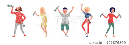 Drunk People Characters with Bottle of Alcoholic Drink Vector Illustration Set 101876800