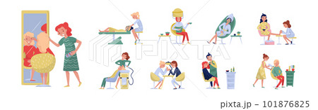 Woman in Beauty Salon Doing Different Hair and Nail Procedure Vector Illustration Set Woman in Beauty Salon Doing Different Hair and Nail Procedure Vector Illustration Set 101876825