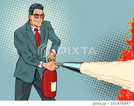 A businessman with a fire extinguisher is preparing to put out a fire. Extreme dangerous incident. Fighting fire A businessman with a fire extinguisher is preparing to put out a fire. Extreme dangerous incident. Fighting fire 101876847