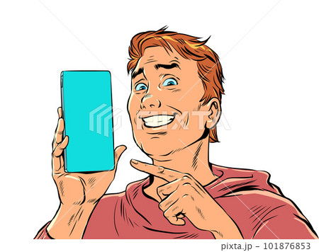 A man with red hair smiles and points to the phone. Product demonstration or offer on smartphone. The joy of a perfect purchase. Pop Art Retro On a white background A man with red hair smiles and points to the phone. Product demonstration or offer on smartphone. The joy of a perfect purchase. Pop Art Retro On a white background 101876853