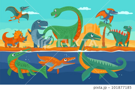 Dinosaurs, mountains, palm, cactus and sky with clouds. Vector flat illustration 101877185
