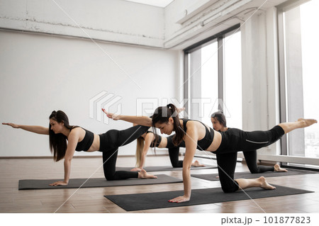 Ladies streching in Balancing Table Pose in yoga class 101877823
