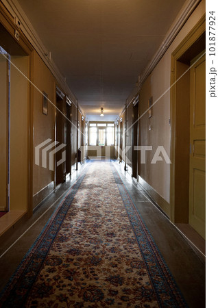 歴史のある古いホテルの長い廊下、絨毯の引かれた洋風の廊下、ヨーロッパのホテルの薄暗い不気味な廊下 歴史のある古いホテルの長い廊下、絨毯の引かれた洋風の廊下、ヨーロッパのホテルの薄暗い不気味な廊下 101877924