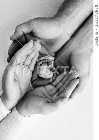 Children's leg in the hands of mother, father, parents. Feet of a tiny newborn close up. Children's leg with a knitted heart. Mom her child. Happy family concept. Black and white photo of motherhood. 101878658