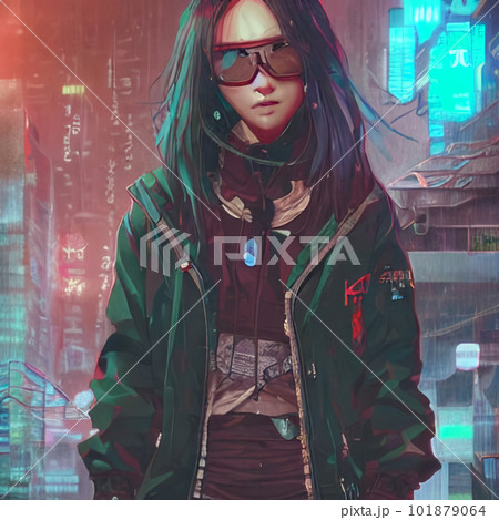 未来の都市を舞台にした、サイバーパンク風の少女「AI生成画像」 101879064
