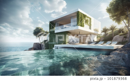 Design house - modern villa with open plan living and private bedroom wing. Large terrace with privacy and, swimming pool. Generative AI. 101879368