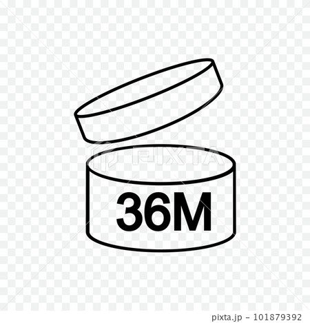 36 month or 3 years PAO icon. Jar with open lid and 36M marking. Product freshness time. Period after opening sign. Cosmetic, shampoo, makeup validity label 101879392