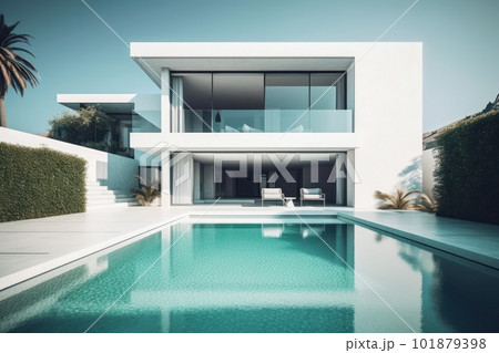 Design house - modern villa with open plan living and private bedroom wing. Large terrace with privacy and, swimming pool. Generative AI. 101879398