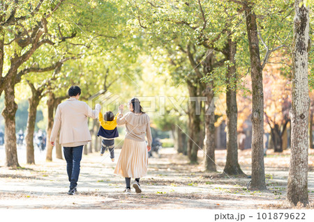 手をつないで歩く親子の後ろ姿 101879622