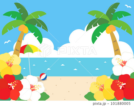 ハイビスカスと海や入道雲などの真夏のビーチをイメージしたイラスト 101880005