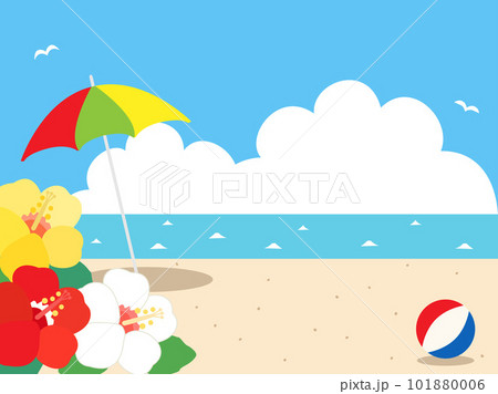 ハイビスカスと海や入道雲などの真夏のビーチをイメージしたイラスト 101880006