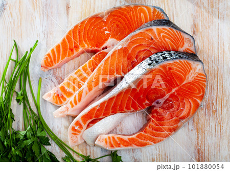 Raw salmon fillet. Healthy food 101880054