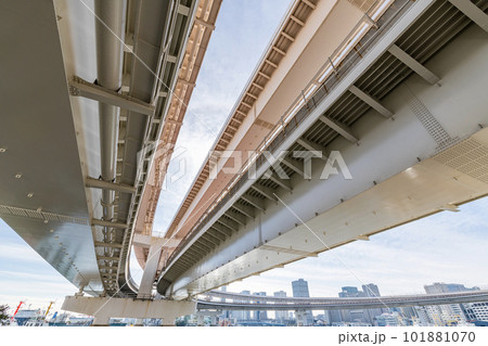 東京都某所　大きくカーブしながら海の上を走る首都高速道路と東京の街並み（高速道路イメージ） 101881070