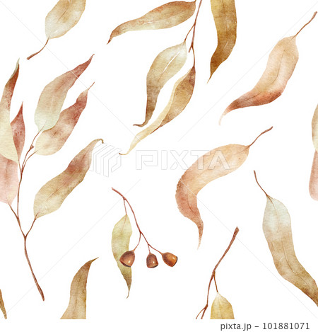 Watercolor golden eucalyptus leaves seamless pattern. 101881071