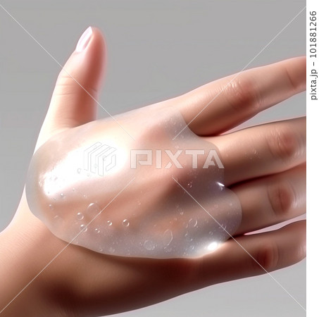 手の甲にジェル状の白い半透明の液体ローションが塗られているスキンケアの画像 101881266