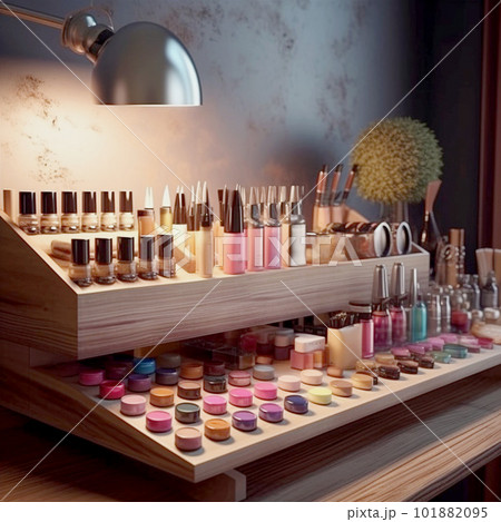 落ち着いた雰囲気の木目調の棚に綺麗に並べられたカラフルでお洒落な化粧品 落ち着いた雰囲気の木目調の棚に綺麗に並べられたカラフルでお洒落な化粧品 101882095