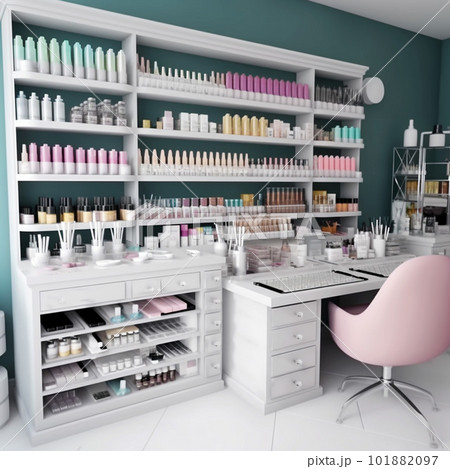サロンのような室内の棚に並べられた綺麗でカラフルな化粧品 101882097