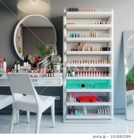 白い棚に並べられたたくさんの化粧品と白い鏡台と明るい部屋 101882099