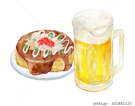 お好み焼きとビールのセット 水彩イラスト お好み焼きとビールのセット 水彩イラスト 101882125