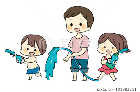 空の容器で水遊びをする子供たちと男性のイラストのイラスト素材
