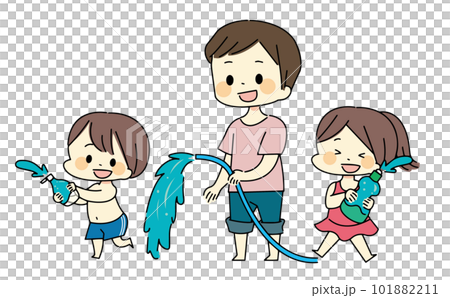 空の容器で水遊びをする子供たちと男性のイラストのイラスト素材
