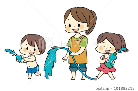空の容器で水遊びをする子供たちとエプロン姿の女性のイラスト 101882215