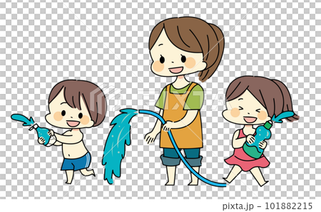 空の容器で水遊びをする子供たちとエプロン姿の女性のイラスト 101882215