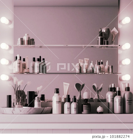ピンク色のカワイイ脱衣室にあるような鏡と並べられた化粧品 ピンク色のカワイイ脱衣室にあるような鏡と並べられた化粧品 101882274