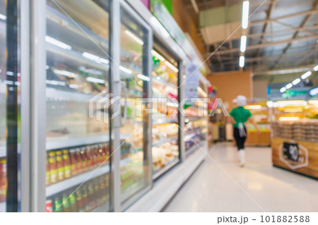 supermarket aisle with commercial refrigerators freezer showing frozen foods abstract blur background supermarket aisle with commercial refrigerators freezer showing frozen foods abstract blur background 101882588