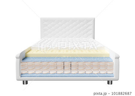 3d layered sheet material mattress with air fabric, pocket springs, natural latex, memory foam isolated. 3d render illustration 101882687