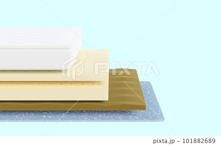 3d 4 layered sheet material mattress with fabric, soft sponge, latex, memory foam isolated on blue background. minimal abstract, 3d render illustration, clipping path 101882689