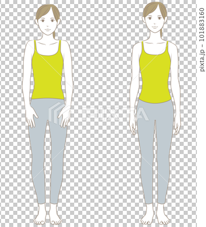 正面から見た良い姿勢と悪い姿勢の女性 正面から見た良い姿勢と悪い姿勢の女性 101883160
