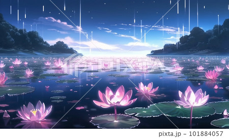 ピンク色の蓮の花が咲き乱れる神秘的な湖のイラスト AI画像 ピンク色の蓮の花が咲き乱れる神秘的な湖のイラスト AI画像 101884057