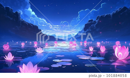 ピンク色の蓮の花が咲き乱れる神秘的な湖のイラスト AI画像 ピンク色の蓮の花が咲き乱れる神秘的な湖のイラスト AI画像 101884058