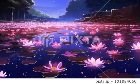 ピンク色の蓮の花が咲き乱れる神秘的な湖のイラスト　AI画像 101884060
