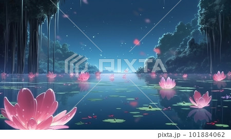 ピンク色の蓮の花が咲き乱れる神秘的な湖のイラスト AI画像 ピンク色の蓮の花が咲き乱れる神秘的な湖のイラスト AI画像 101884062
