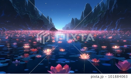 ピンク色の蓮の花が咲き乱れる神秘的な湖のイラスト AI画像 ピンク色の蓮の花が咲き乱れる神秘的な湖のイラスト AI画像 101884063