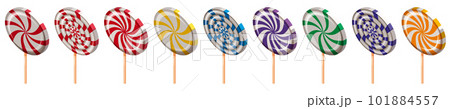 Set of Lollipop Swirl Candy Spiral Isometric. Sweet spiral striped caramel, on stick, vector cartoon style 101884557