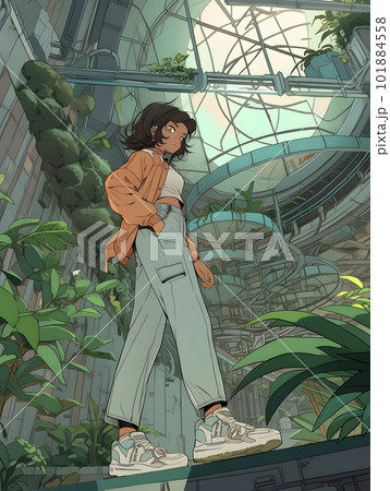 巨大なハイテク植物バイオドームの中で働く女性研究者「AI生成画像」 巨大なハイテク植物バイオドームの中で働く女性研究者「AI生成画像」 101884558