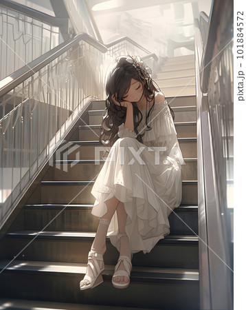 階段でしゃがみ込む白いドレスの少女「AI生成画像」 101884572